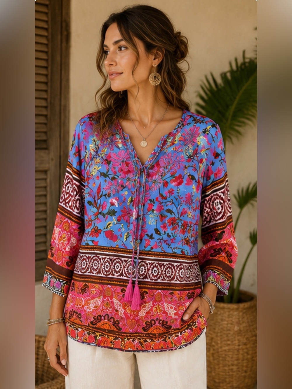 Aziza Medium Blue Pink Boho Floral Tassel Blouse‎ 100% Viscose Festival Resort